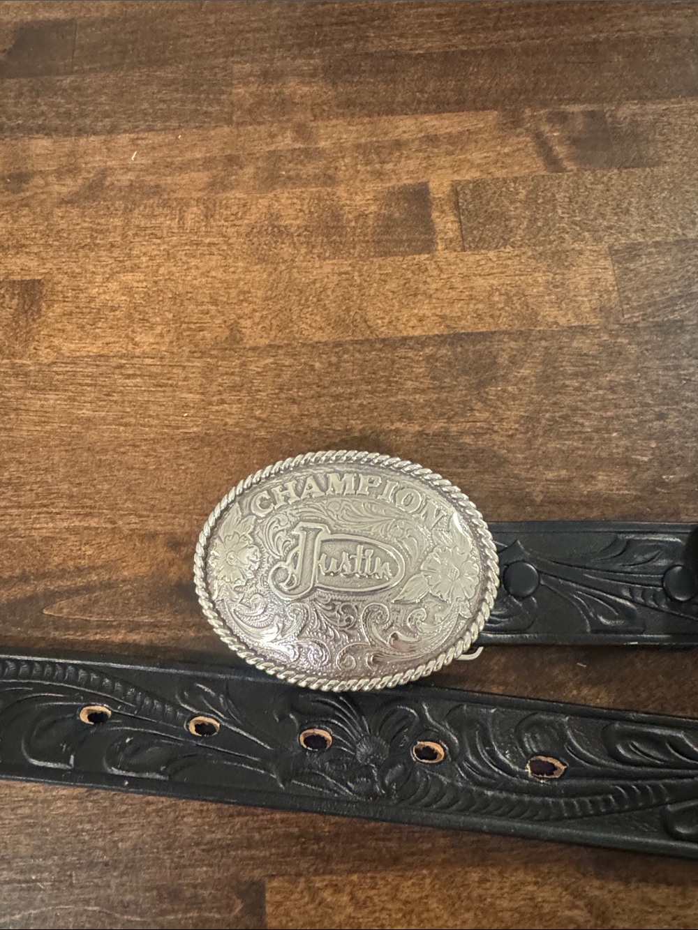 Justin Boots Black Tooled Leather Belt with Silver Champion Buckle
